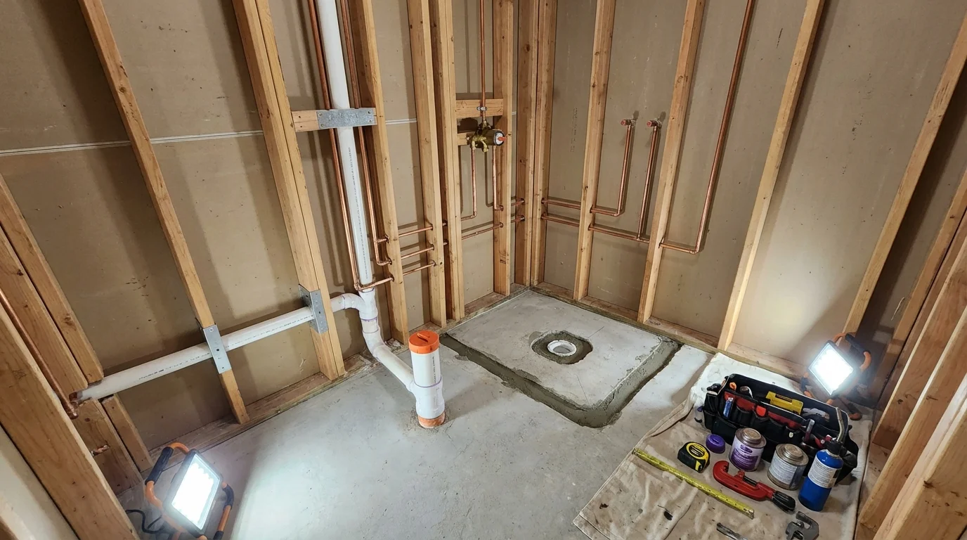 Bathroom rough-in plumbing during remodel by Johns Plumbing LLC in Carl Junction