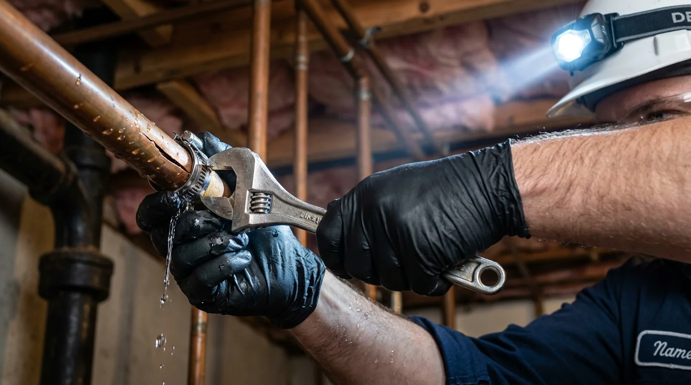 Emergency pipe clamp repair being performed by a Johns Plumbing LLC plumber in Carl Junction