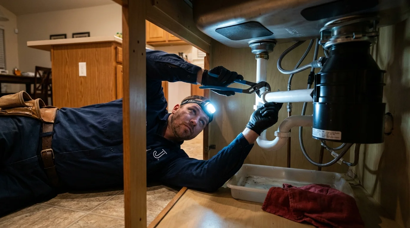 P-trap and supply line connections under a kitchen sink showing a common leak point in Carl Junction, MO